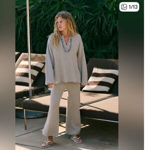Free People Beach Hailee Sweater Knit Set Gray Large OB1083246 Henley Wide Leg